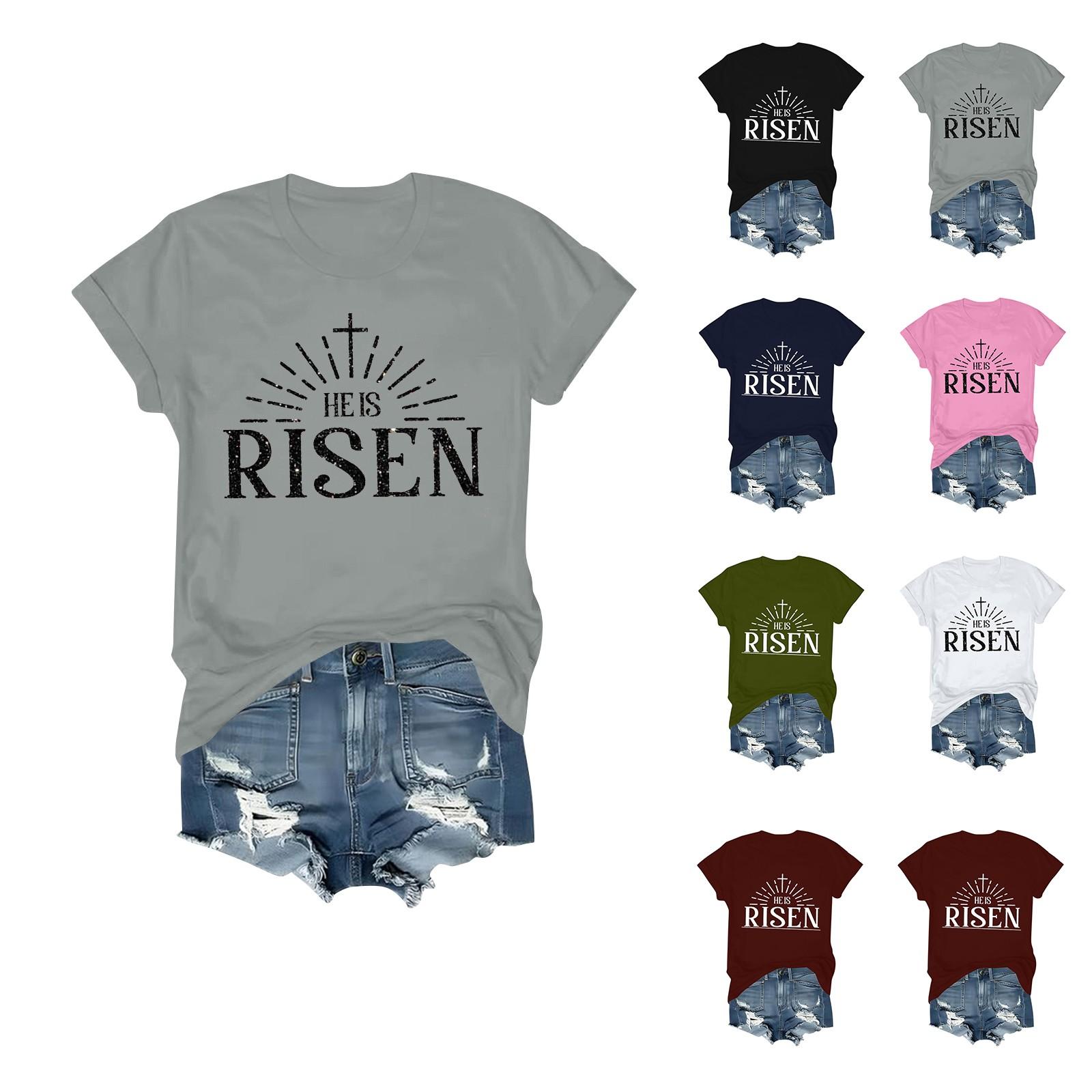 

Women s Daily Holiday Printed Short Sleeve Easter Short Sleeve Round Neck Retro Short Sleeve Summer Casual Tops XXXL Темно-синій