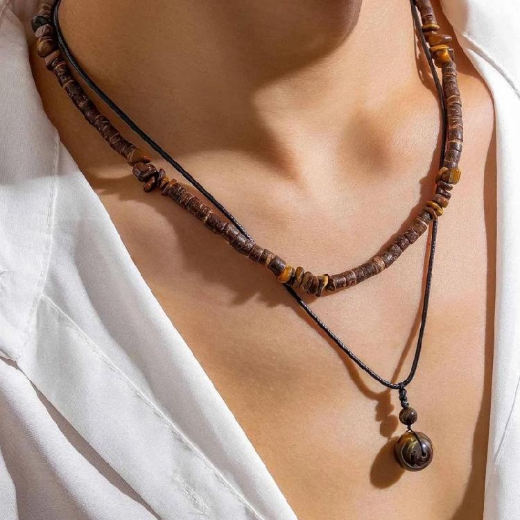 2Pcs Ethnic Layering Beaded Necklace Set Adjustable Leather Cord Jewelry With Natural Stones Holiday Gift For Adults