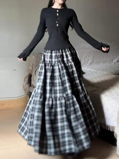 Spring 2025 Women's Navy Blue Plaid A-Line Patchwork Umbrella Skirt