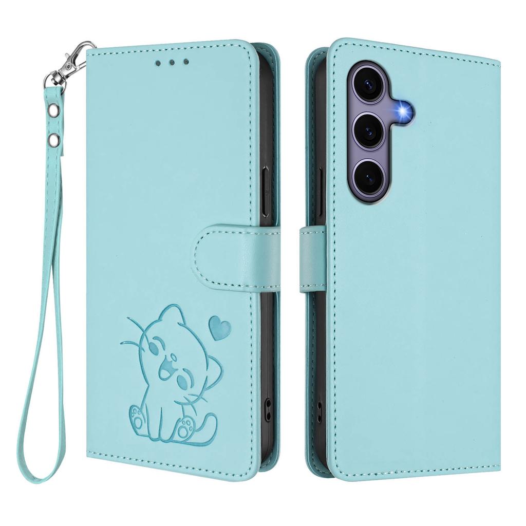 Pro Samsung Galaxy S24/Galaxy S25 Peněženkové pouzdro s poutkem na zápěstí Vzor Love Cat Ražba Kožený kryt na telefon