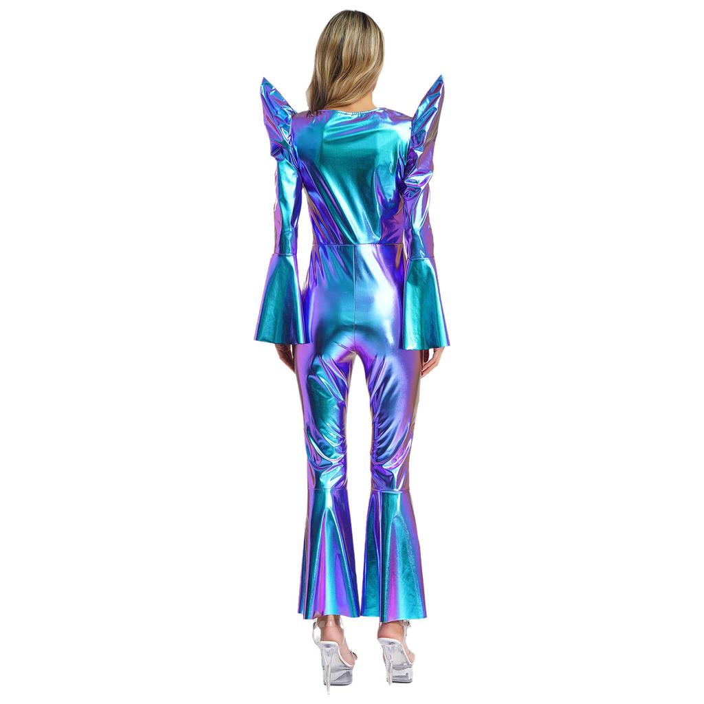 S-3XL Women‘s Disco Jumpsuit Halloween Costume: Shiny Metallic Long Sleeve High Waist Romper with Bell Bottoms & Front Zip