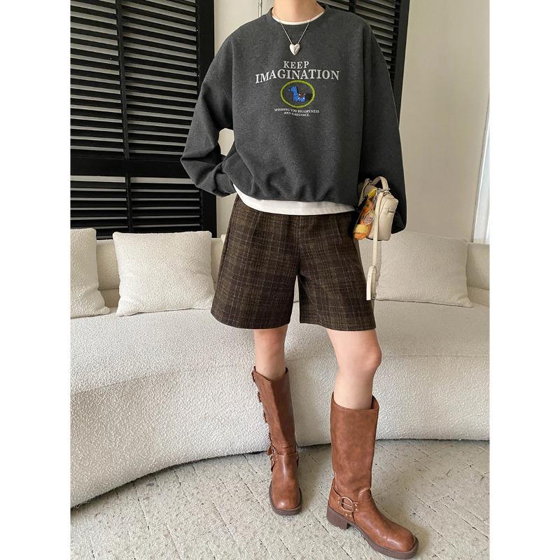 Sinan Retro British Plaid High-Waisted Wide-Leg Wool Shorts SN8521 Medium