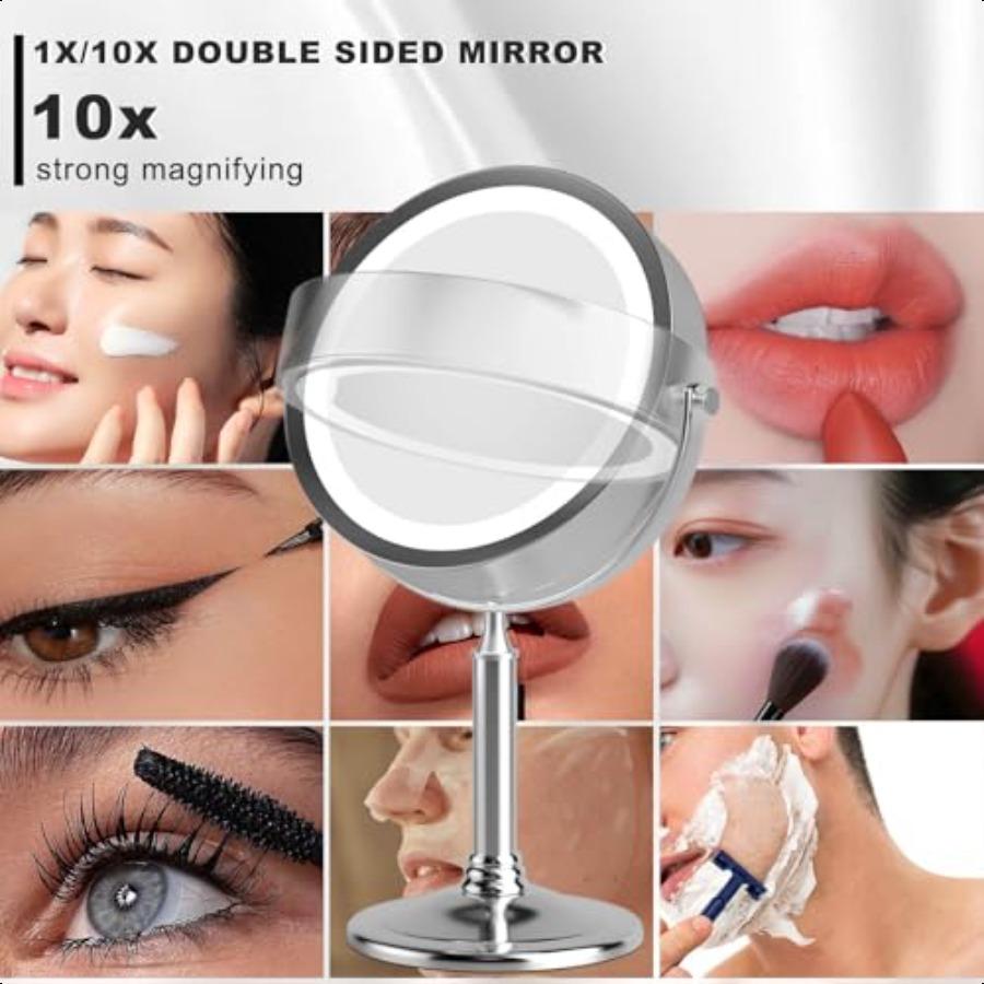 Rechargeable 2Sided Makeup Mirror 1X 10X Magnification 3 Color Lights 360 Swivel Cordl Detachable 4500mAh Battery