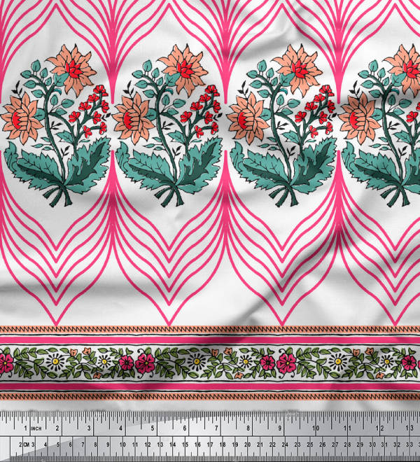 Soimoi Japanischer Krepp-Satinstoff, gestreift, Blätter und Blumen, bedruckt, Meterware, 107 cm