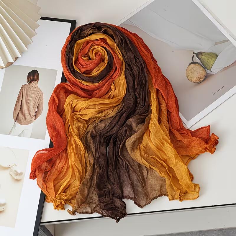 Gradient Blue Cotton-Linen Scarf: Retro Versatile Print, Long Pleated Women's Accessory for Autumn/Winter