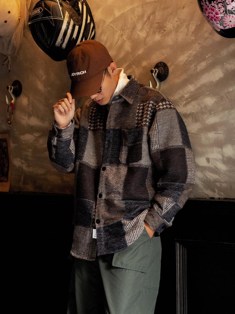 Fashion Long Sleeve Shirt Autumn Clothes Retro Switching Design Thick Patchwork Tweed Check Outerwear [CHANGE WELL] Men's Spring/Autumn/Winter