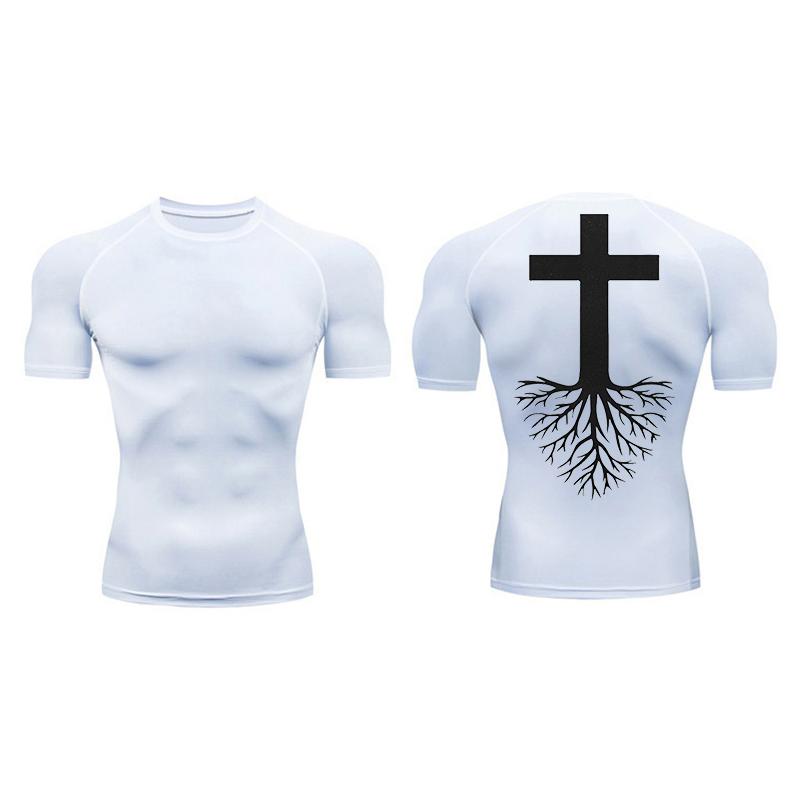 Cross Print Compression Shirt for Men Athletic Quick Dry Short Sleeve Tops Baselayer Christian Gym Workout Running T-shirts Tees
