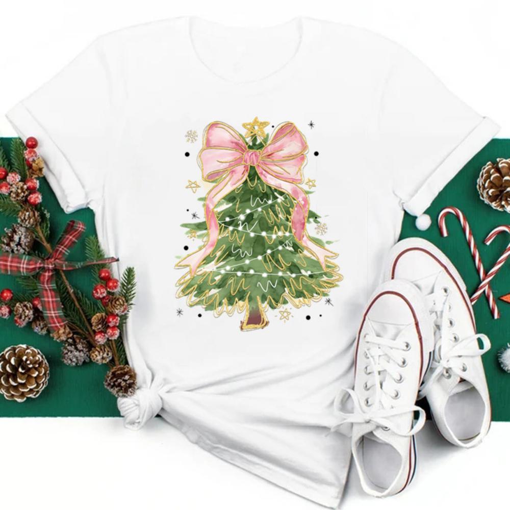 

1pc Christmas Tshirts Glittering Watercolor Christmas Tree Printed Tops Women Short Sleeve Casual White Tops Harajuku Clothing S