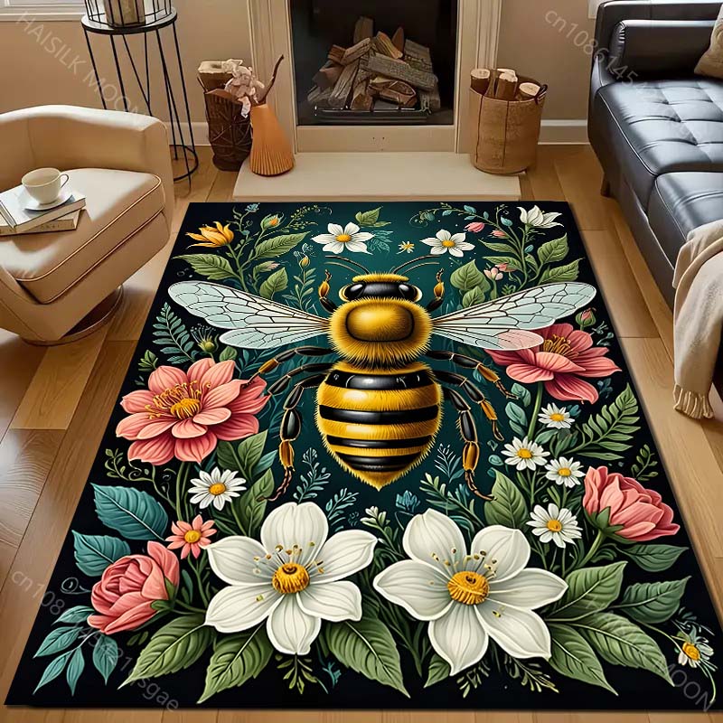 HD Bees and Flowers Print Carpet for Living Room Bedroom Bedside Sofa Table Floor Mat Home Area Rug Decoration Gifts