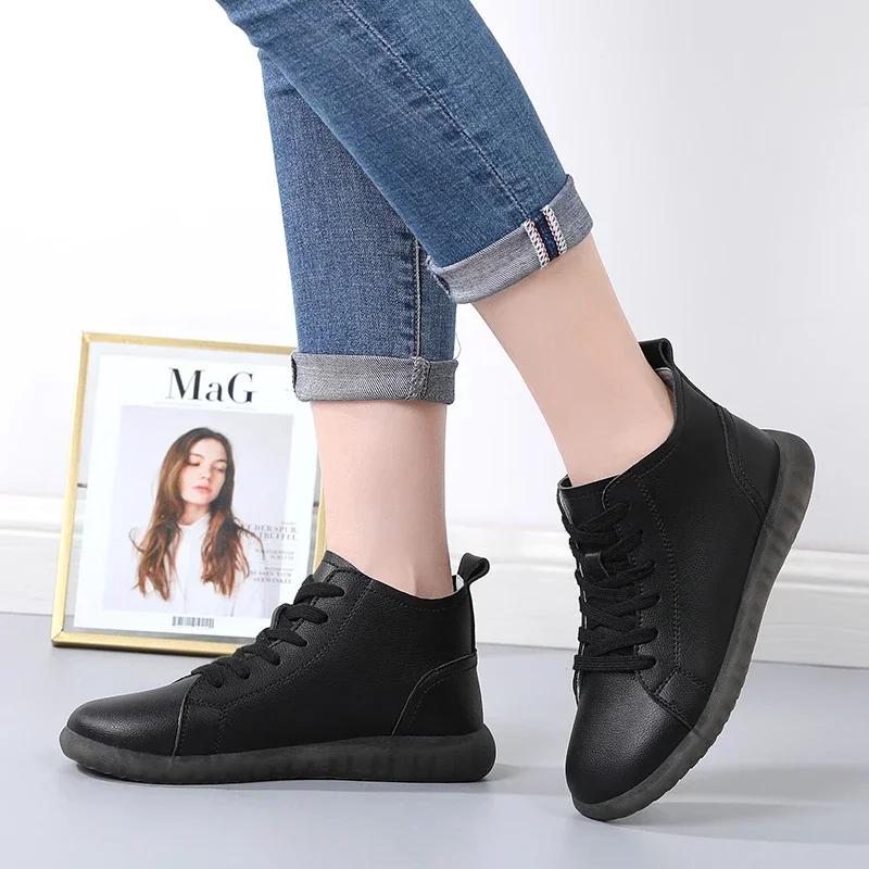 High Top Fashion Sneakers Ladies Non-Slip Lace Up Walking Boots High Quality Genuine Leather Waterproof Casual Shoes Women Soft