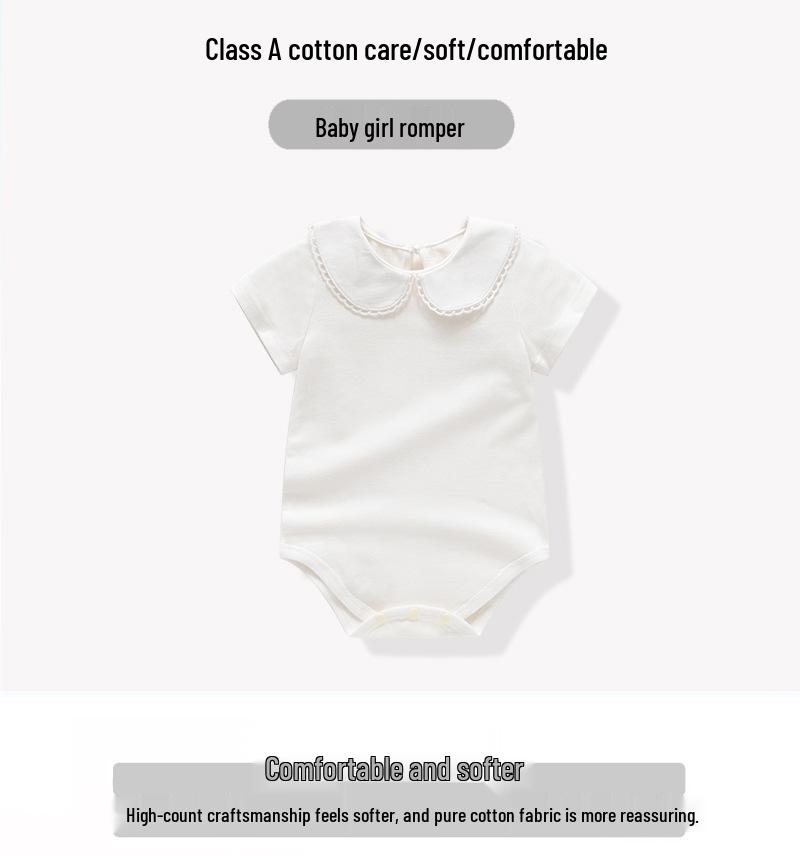 Off-White Cotton Baby Girl Romper - Versatile Summer One-Piece for 0-1 Year