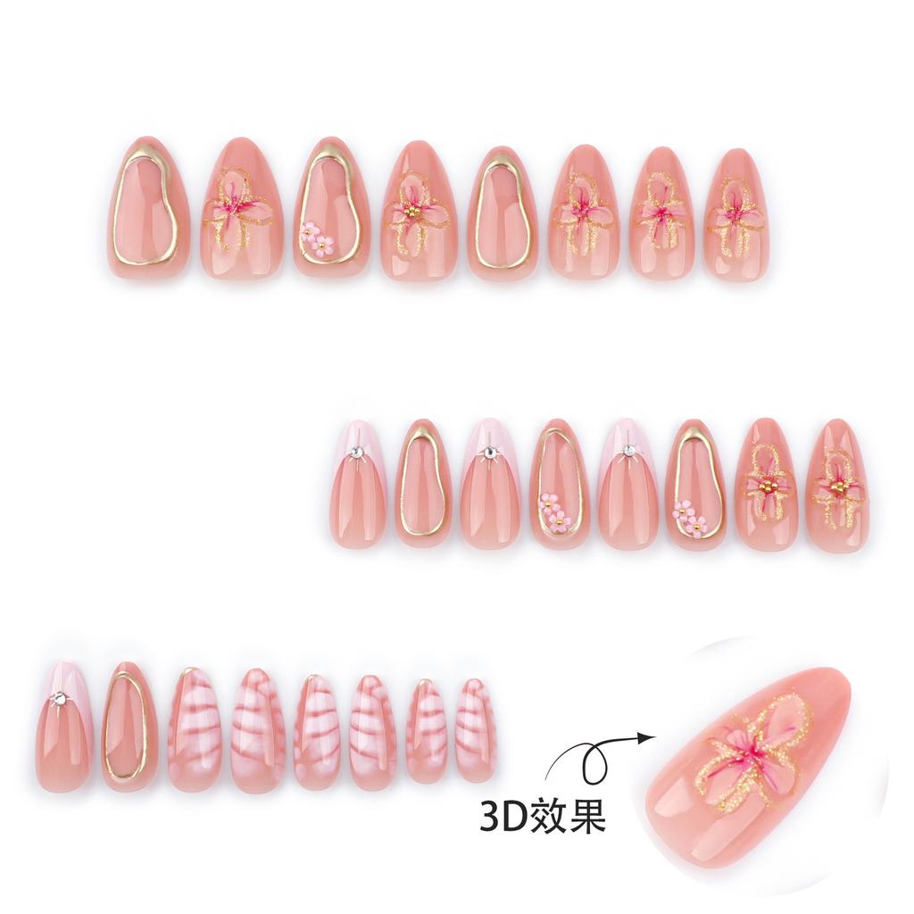 24pcs New Pink French Crocodile Pattern Manicure Removable Nail Sheet Glitter Powder Three-dimensional Flower Fake Nail Hot Stamping Wear Nail