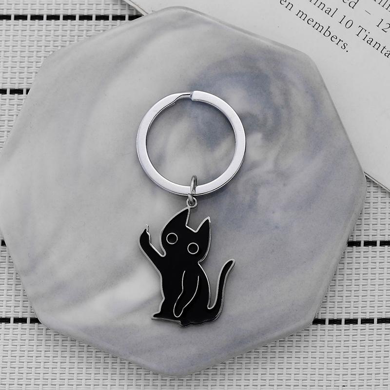 

Unconvinced Kitten Keychain Cartoon Funny Stainless Steel Keychain Middle Finger Black Cat Pendant Car Keychain Gift A