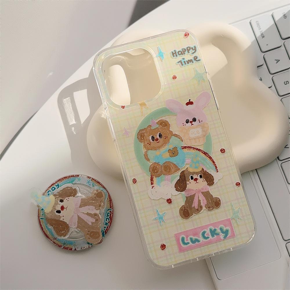 Double Layered Iphone16promax Mobile Phone Case Color Striped Dog 15 Apple 13 Suitable for 14 Magnetic Bracket