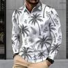 Men s Plus Size Long Sleeve Quarter Zip Collared Polo Shirt Striped Palm Tree Print Beige Navy Blue