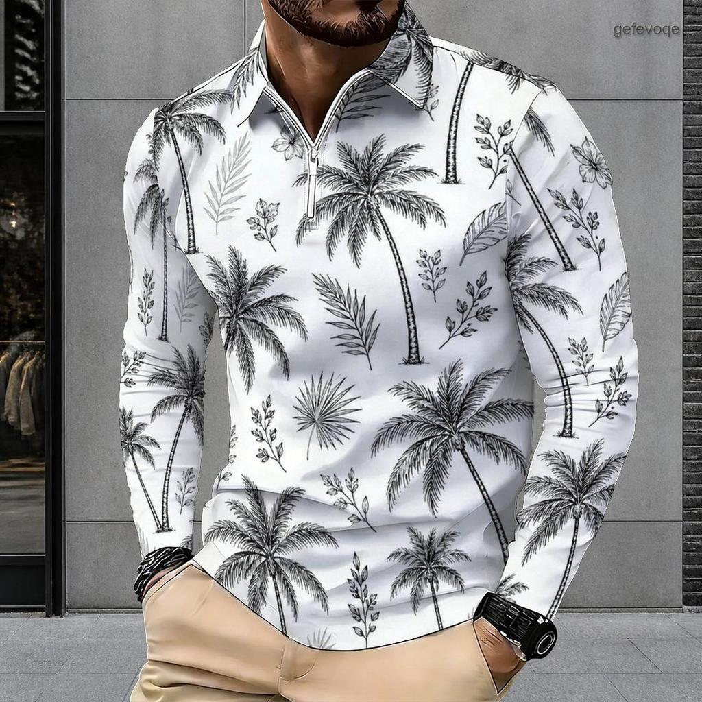 Men s Plus Size Long Sleeve Quarter Zip Collared Polo Shirt Striped Palm Tree Print Beige Navy Blue