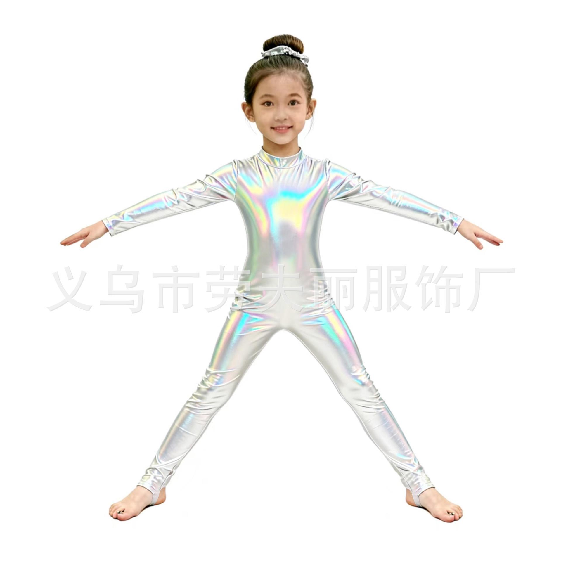 Halloween girls shiny bronzing show suit metallic turtleneck tights long sleeves zipper back onesie tights S(100-110)