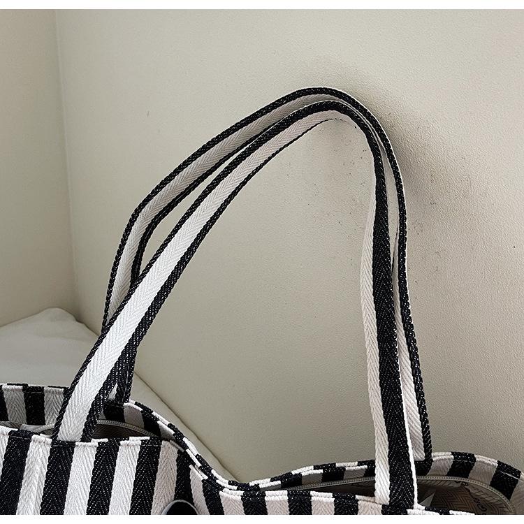 Korean Striped Cartoon Chenille Embroidery Canvas Bag - Large Capacity Cute Girl's Trendy Tote