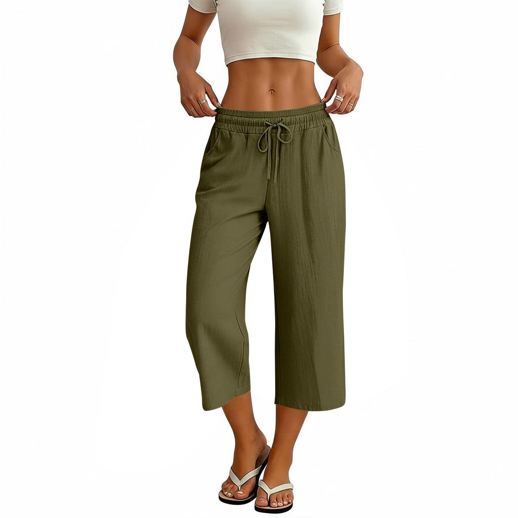Women Casual Loose Fit Wide Leg Cropped Pants with Elastic Waist Drawstring and Side Pockets Cotton Linen Trousers