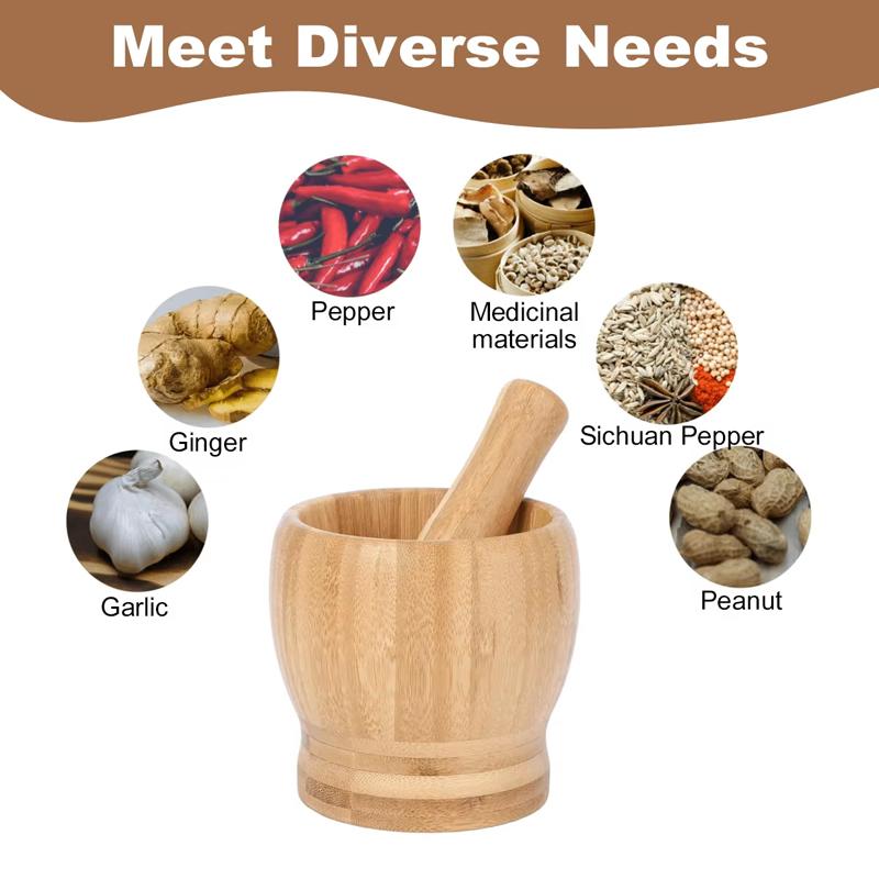 Bamboo Mortar and Pestle Set, Garlic Grinder, Herb Spice Masher, Seasoning Crusher, Kitchen Tool for Mash Spices Pepper