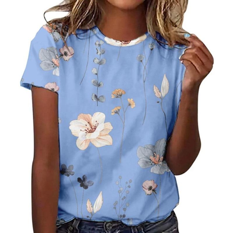 Summer Round Neck 3D Floral Pattern Printed Top Fashionable Casual Short Sleeved Women's T-shirts