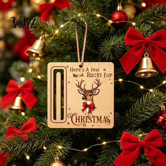 Personalized Cash Gift Tags Rustic Santa Reindeer Money Holder Ornament, Wooden Card Christmas Tree Wood Decorations Clip with Slot, Hanging