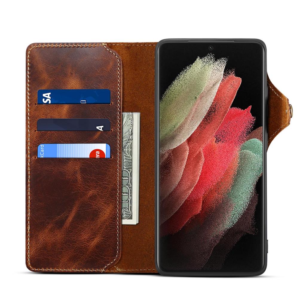 Samsung S26 Retro Genuine Leather Phone Case with Card Slot & Lanyard for S25 Ultra/S24+ Flip Cover