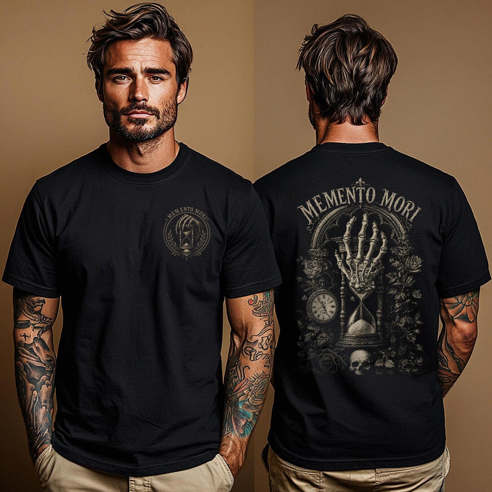 Memento Mori Shirt: Stoic Philosophy T Shirt | Gothic Clothing Gift | Dark Academia Shirt | Skeleton Hand & Hourglass Graphic L