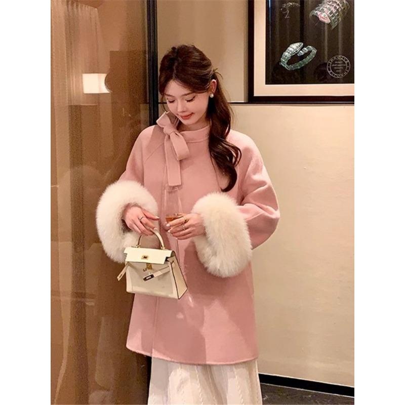 

Плащ двухсторонний кашемировый пальто для женщин осень и зима новый усовершенствованный твидовый пиджак пальто повседневный стиль L розовый