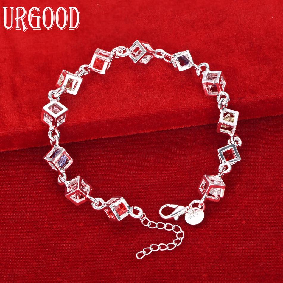 925 Sterling Silver Colorful AAA Zircon Chain Bracelet Wedding Jewelry
