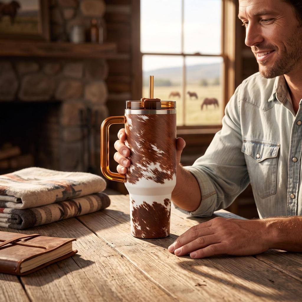 Tumbler met Handvat, 40 oz Koeienprint Roestvrij Staal Reismok, Grote Capaciteit Beker voor Warme en Koude Dranken