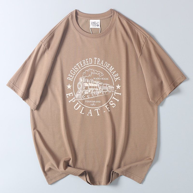 Vintage Locomotive Print Short-Sleeve T-Shirt for Summer, Men's Export Surplus Casual Round-Neck Base Shirt