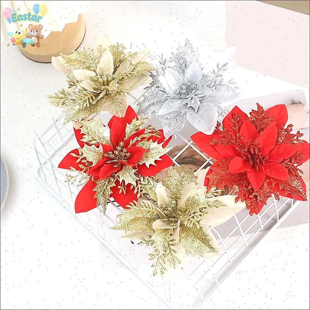 10 Stück Weihnachten Dreistöckige Weihnachtsblume Kunstblume Goldpuder Blume Weihnachtsbaum Feiertagsgeschenk Kranz Dekoration