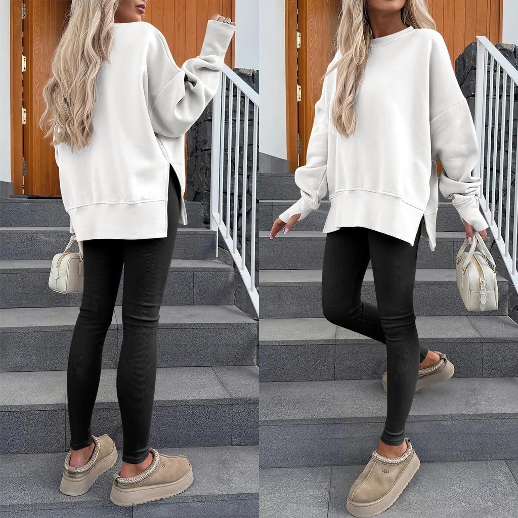 Autumn Winter Women's Split Hem Sweatshirt, Round Neck Long Sleeve Layering Top with Solid Color Design, Casual Basic Loungewear for Daily Wear