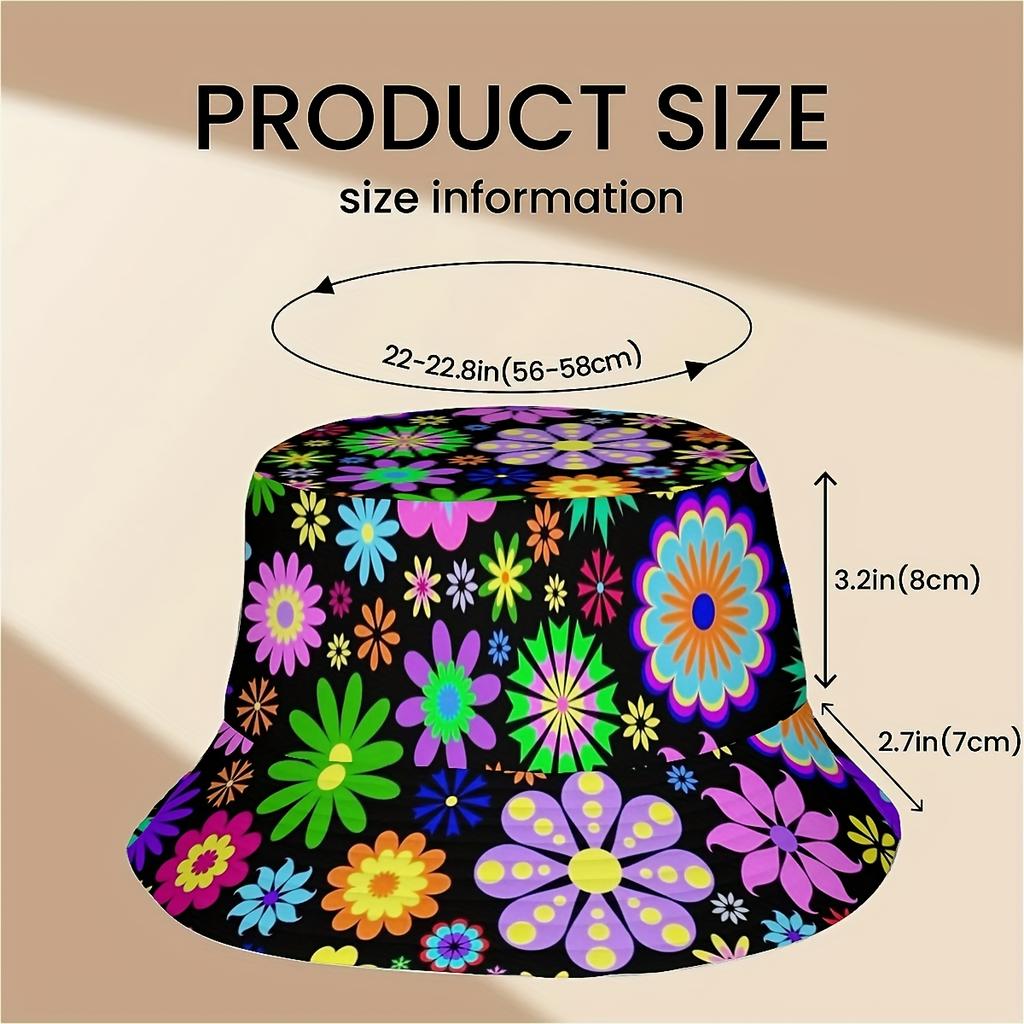 Bucket Hat Multicolor Floral Print on Black Lightweight Outdoor Fishing Beach Hiking with Large Brim for Casual Summer Hat