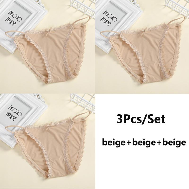Seamless Lace 3pcs Sexy Women Panties Silk Lingerie Girls Cute Bow Underpants