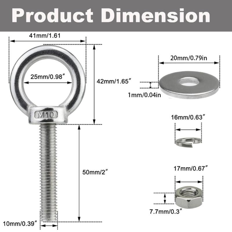 Steel Extended Eye Screw M10X50mm 440Lbs Load Capacity Strong Fastener High Strength Eye Bolt Upgrades for Rigging