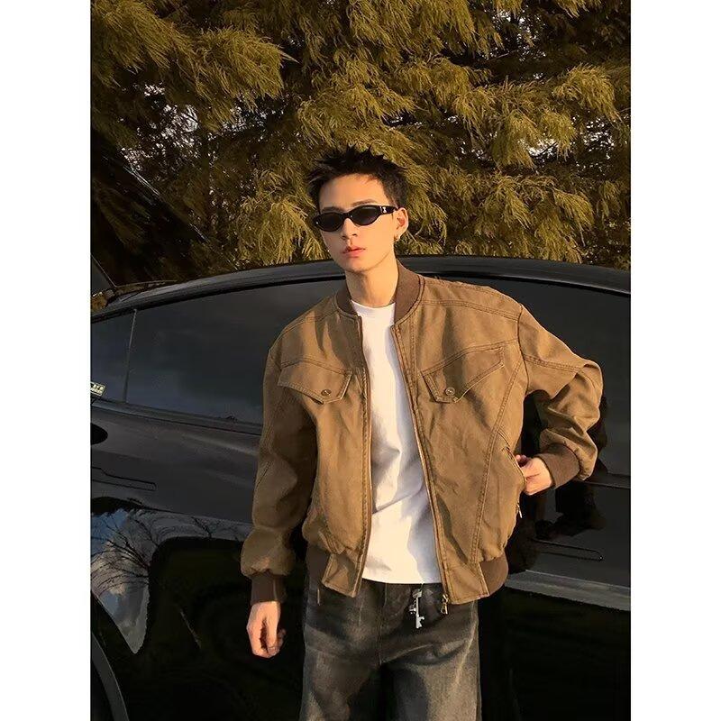 

Американская ретро куртка старого покроя мужская и женская весна и осень с высоким чувством свободная повседневная чистый крой короткое пальто тренд 3XL темно-коричневого