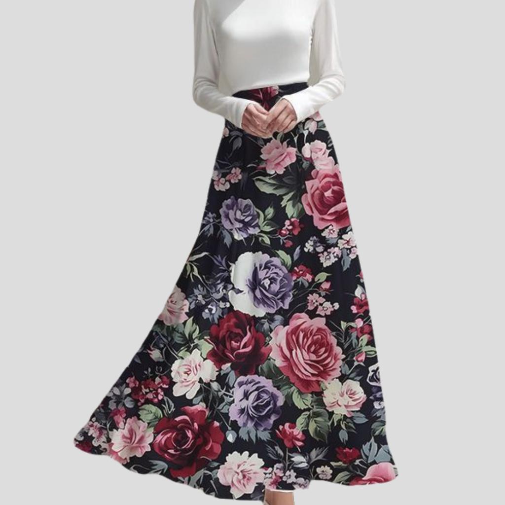 Spring Summer Women's Bohemian Printed Skirt High-Waist A-Line Long Floral Skirt