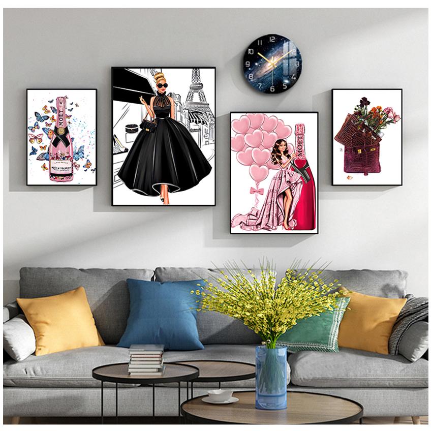 Posters And Prints Wall Pictures For Living Room Fashion Girl Bag Balloon Champagne Salon Wall Art Print Canvas Painting Nordic