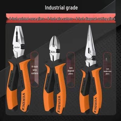 Industrial Grade Multifunctional Pliers Set: Diagonal Cutters, Needle Nose Pliers, Extended Nose Pliers, and Wire Strippers.