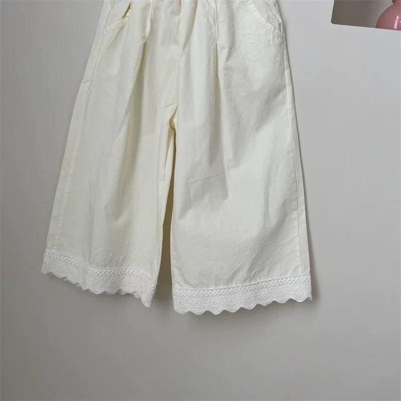 Korean Style Girls' Lace Patchwork Wide Leg Trousers, Spring Fashion, Versatile Straight Leg Pants