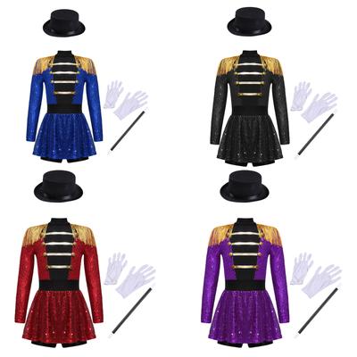 Dětský Dívčí Halloweenský Kostým Cirkusového Ringmastera Lesklý Flitrovaný Střapec Krotitel Lva Leotard Šaty Taneční Oblečení