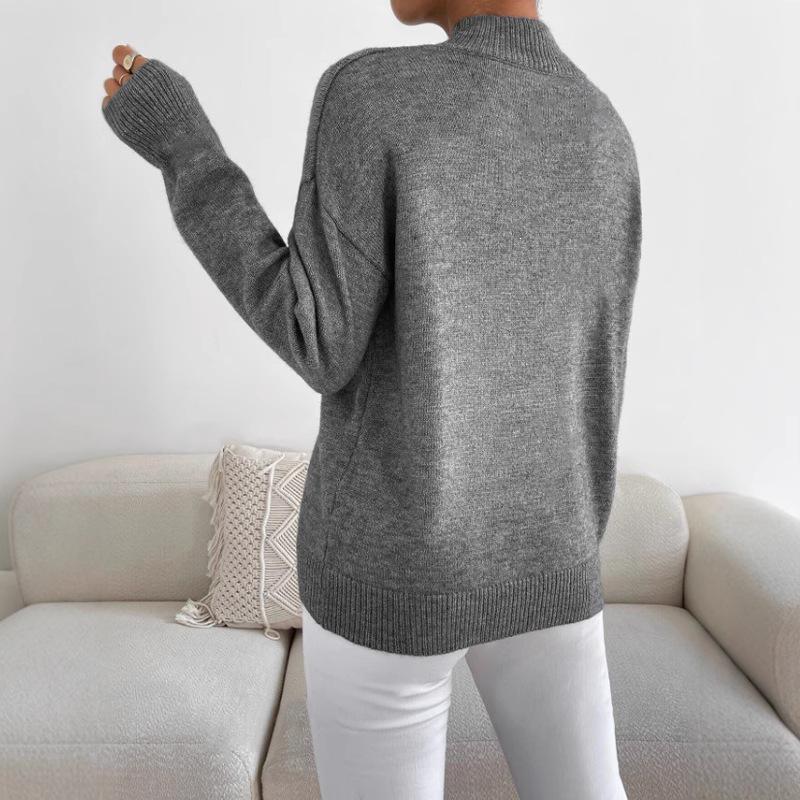 Women's Solid Color Loose Knit Sweater - Half-High Neck, Long Sleeve, Autumn/Winter Fashion.