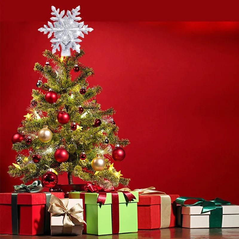 Snowflake Stars Christmas Tree Toppers Built-in LED Xmas Tree Lighting 3D Glitter Projection Silver Gold Party Decor