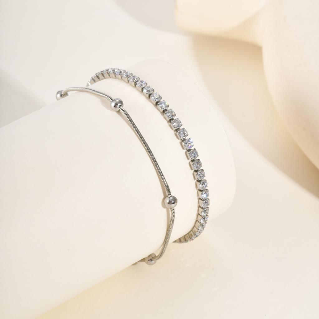 2pcs Stainless Steel Bracelets Set, Minimalist Elegant Bead Round Snake Chain Bracelet, Luxury Zircon Tennis Chain Wristband