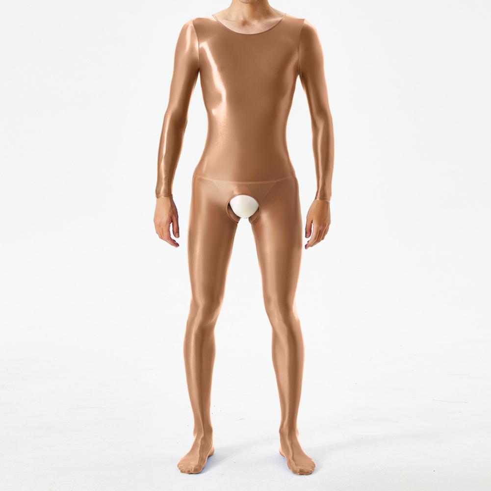 Men Bodystocking Glossy Sheer Open Crotch Long Sleeve Body Jumpsuits Crotchless Transparent Bodysuit Underwear Night Club Wear
