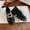 Sheepskin version~ platform loafers women's British style thick heel square buckle rhinestone small leather shoes French retro leather single shoes