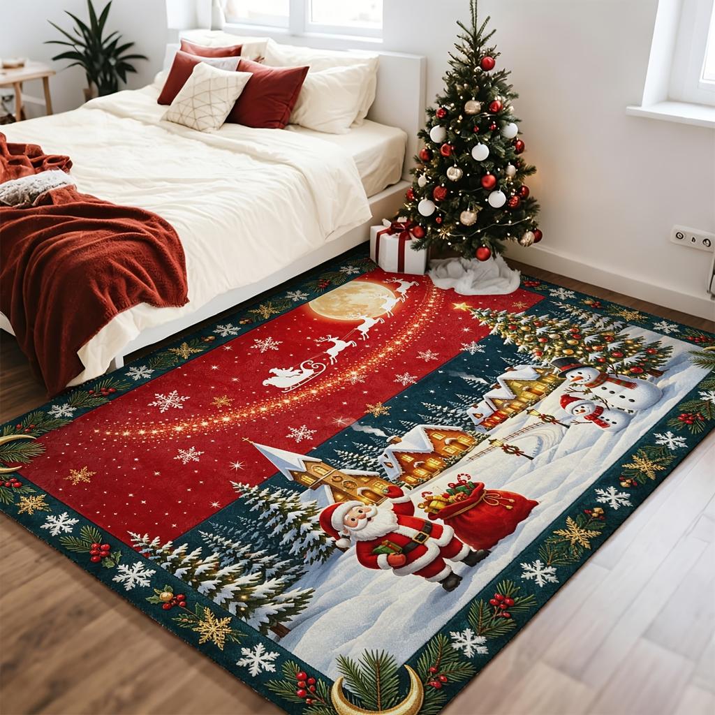 1pc 2D Flat Red Dark Green Xmas Area Rug, Machine Washable Pet-Friendly Mat for Living Room, Bedroom & Hallway