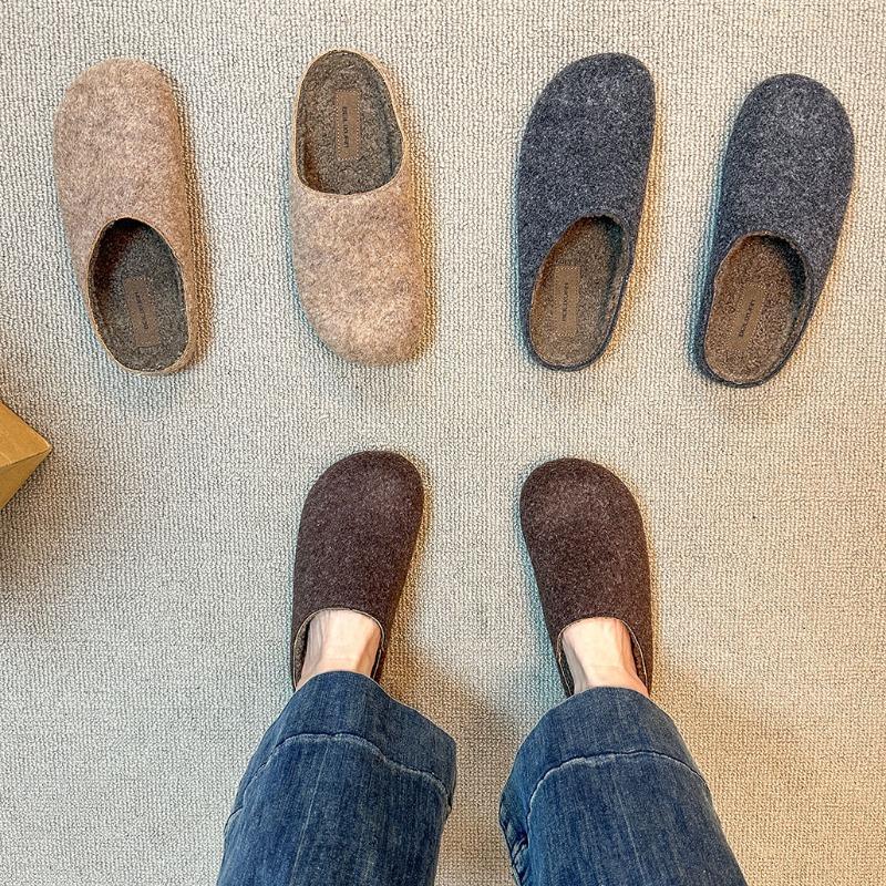 Fleece women wear a bag head and half slippers in autumn and winter, retro versatile matte leather half tray